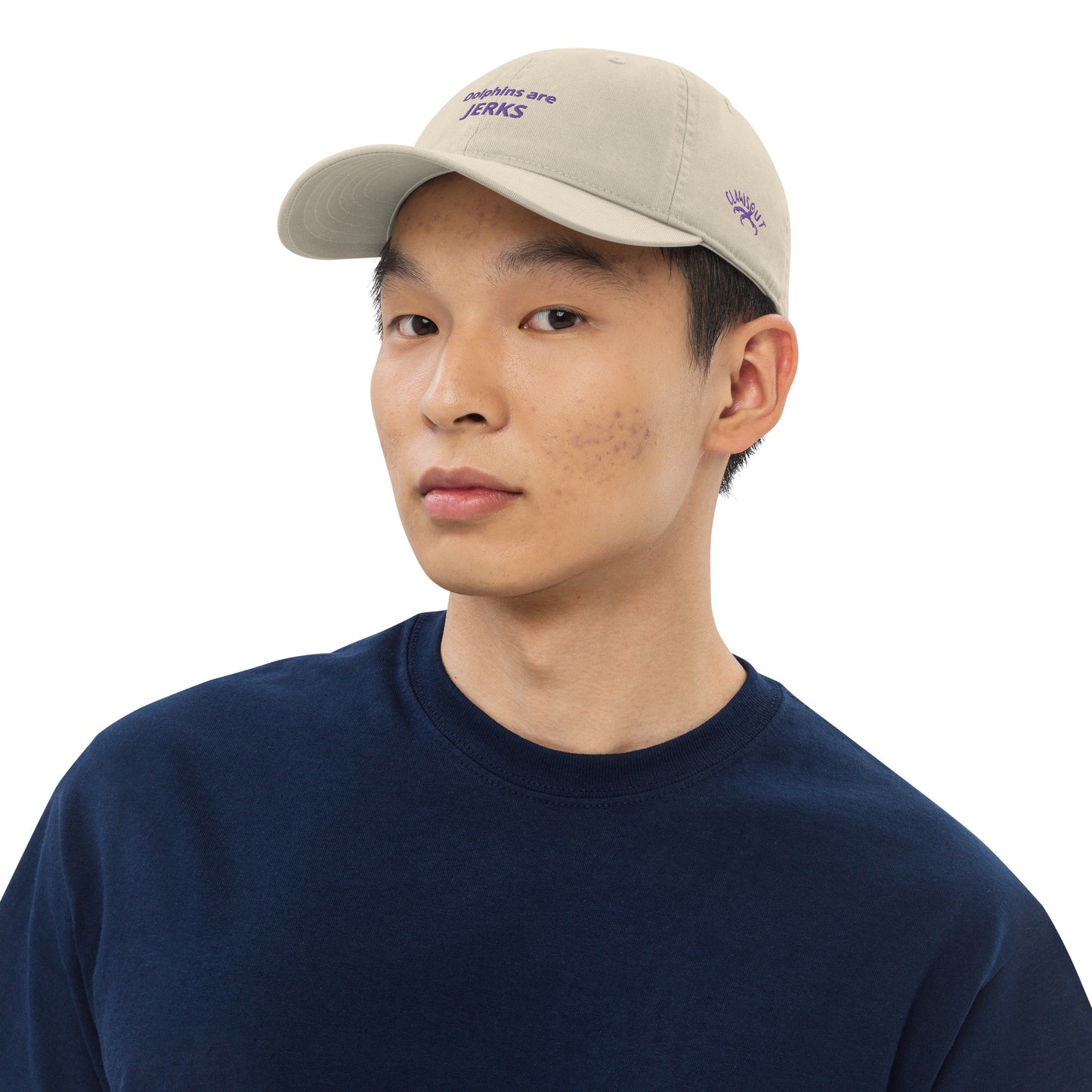 Dolphins are jerks organic dad hat- purple embroidery