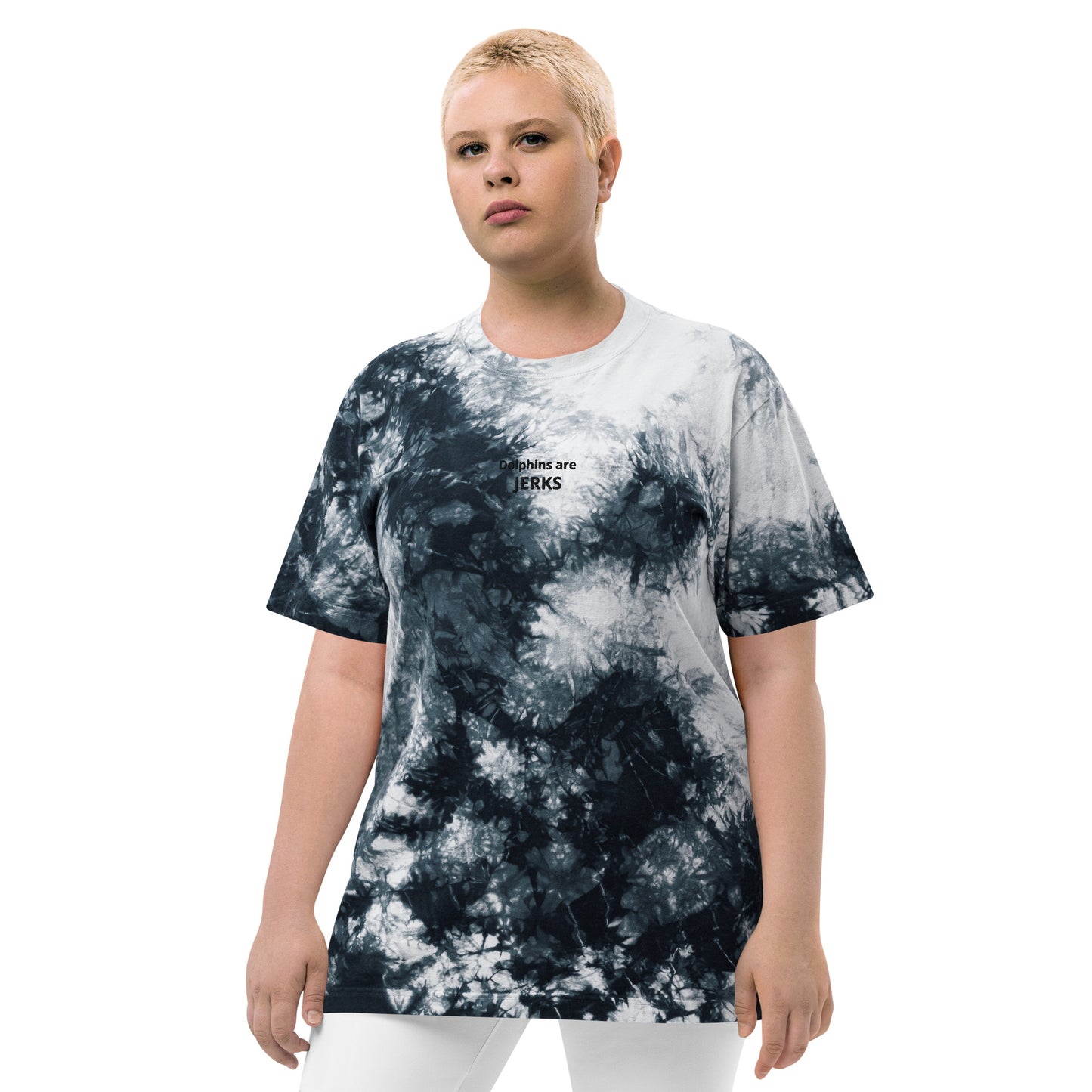 Dolphins are jerks- Black Thread Embroidered Oversized Tie-Dye Shirt