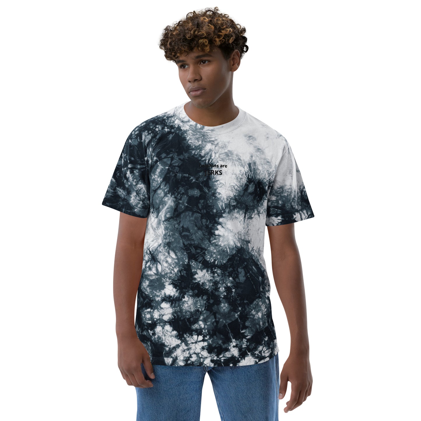 Dolphins are jerks- Black Thread Embroidered Oversized Tie-Dye Shirt