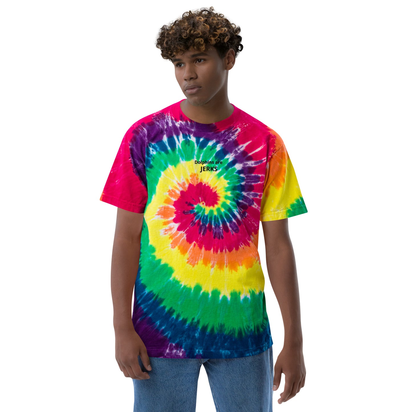 Dolphins are jerks- Black Thread Embroidered Oversized Tie-Dye Shirt