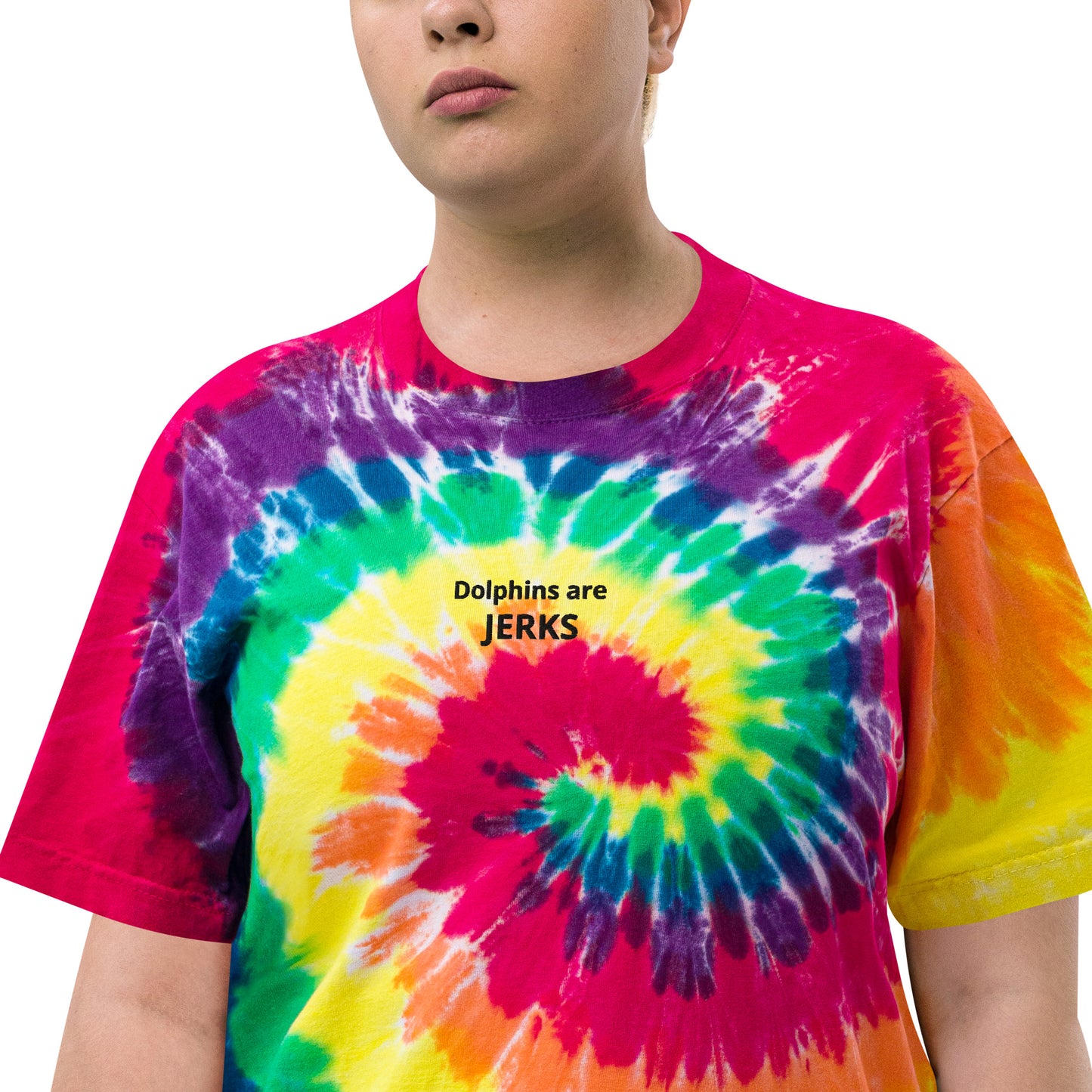 Dolphins are jerks- Black Thread Embroidered Oversized Tie-Dye Shirt