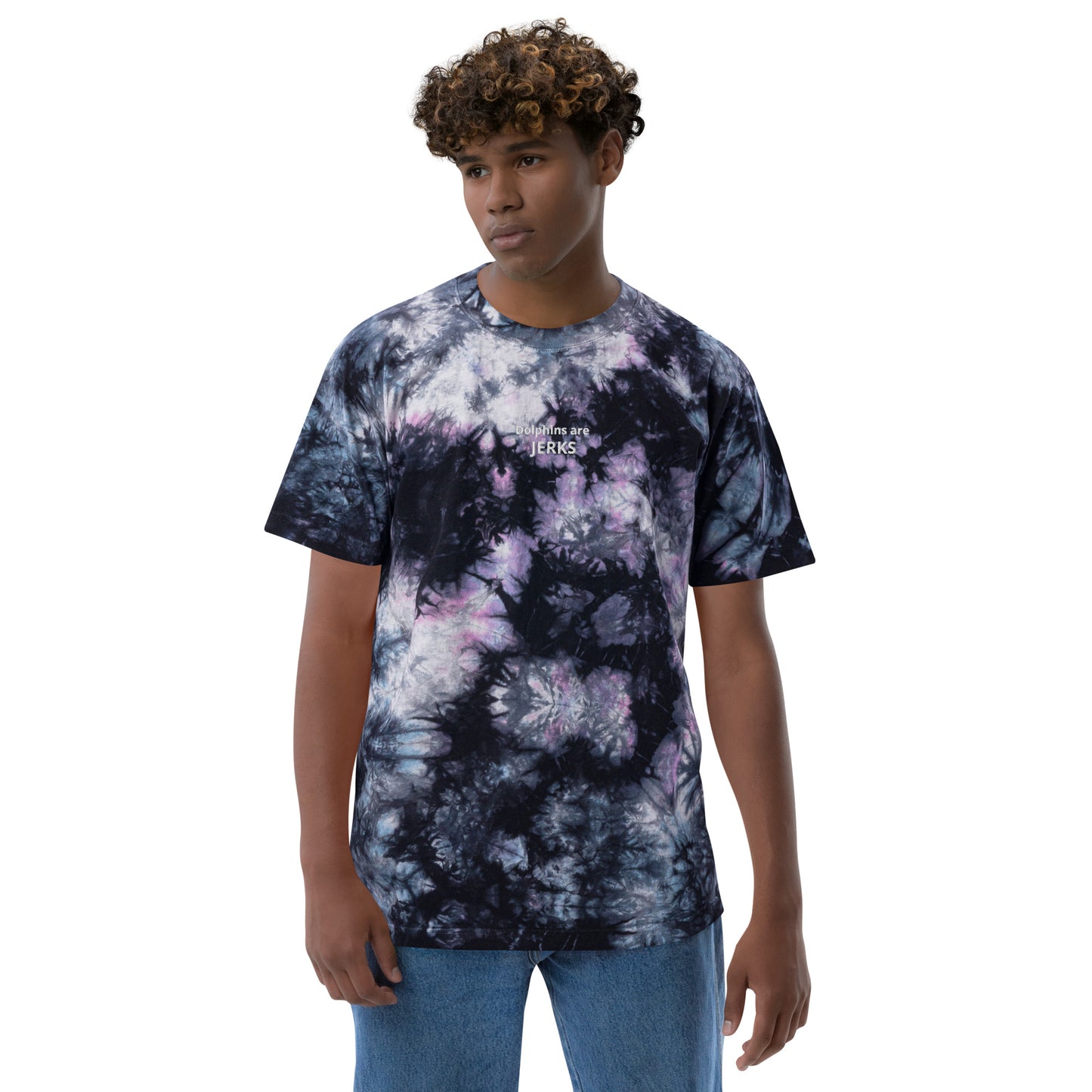 Dolphins are jerks- White Thread Embroidered Oversized Tie-Dye Shirt