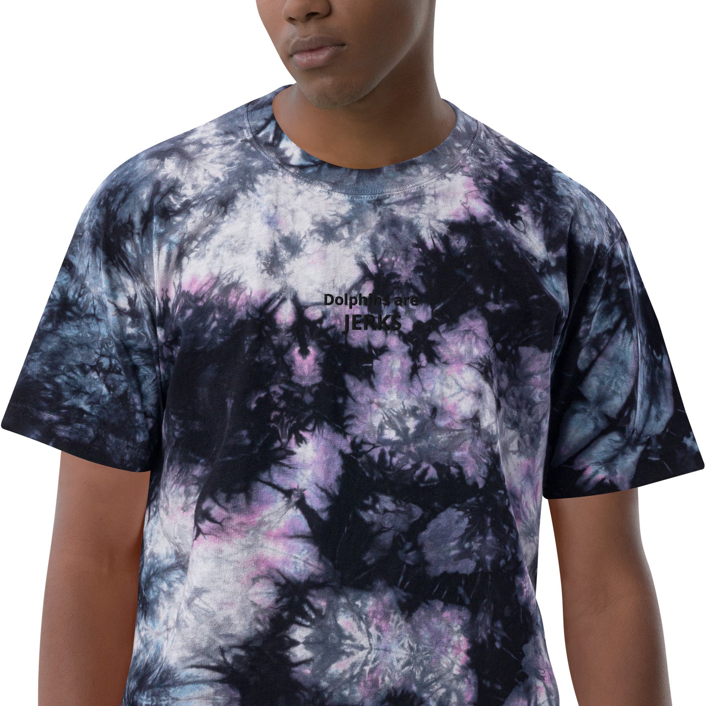 Dolphins are jerks- Black Thread Embroidered Oversized Tie-Dye Shirt