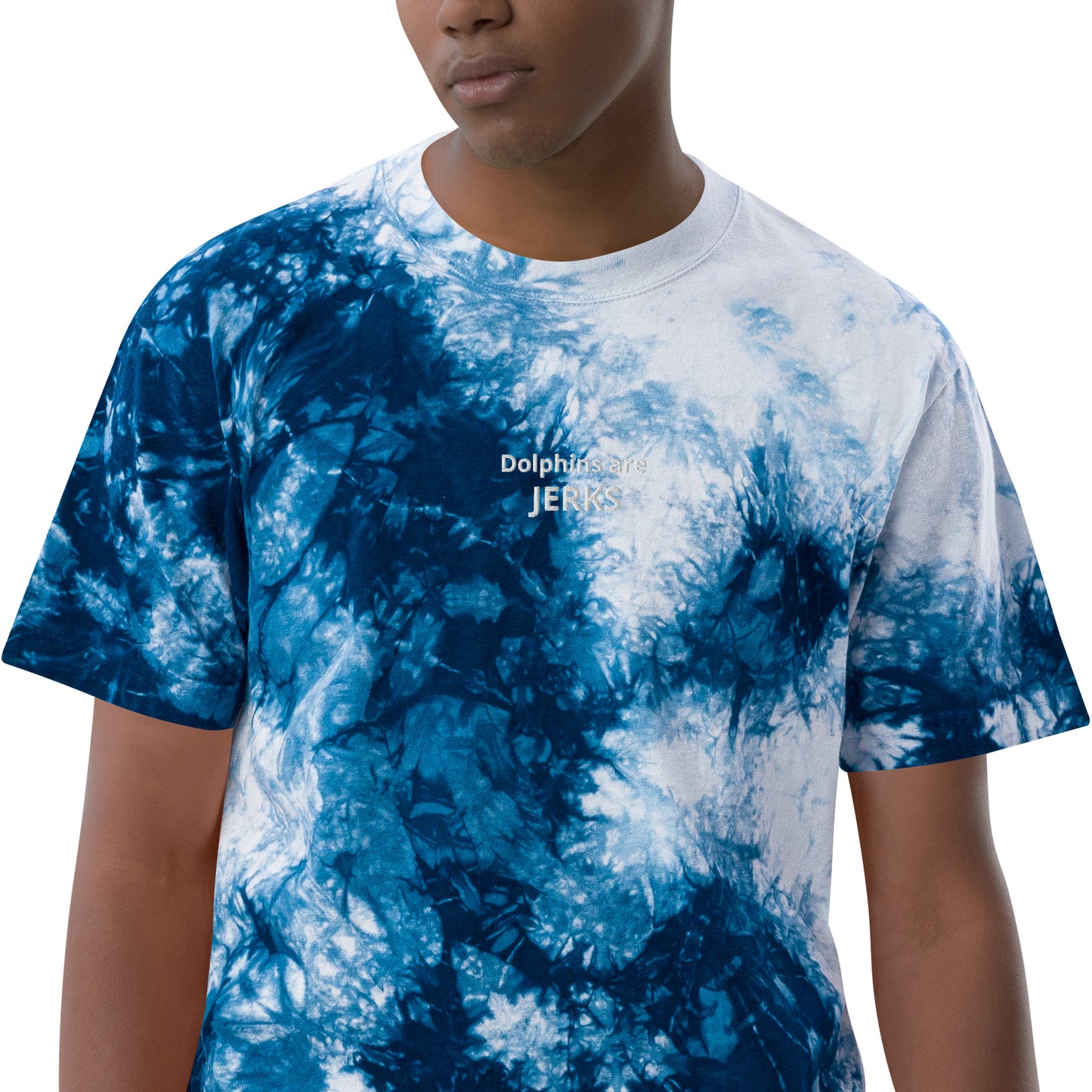 Dolphins are jerks- White Thread Embroidered Oversized Tie-Dye Shirt