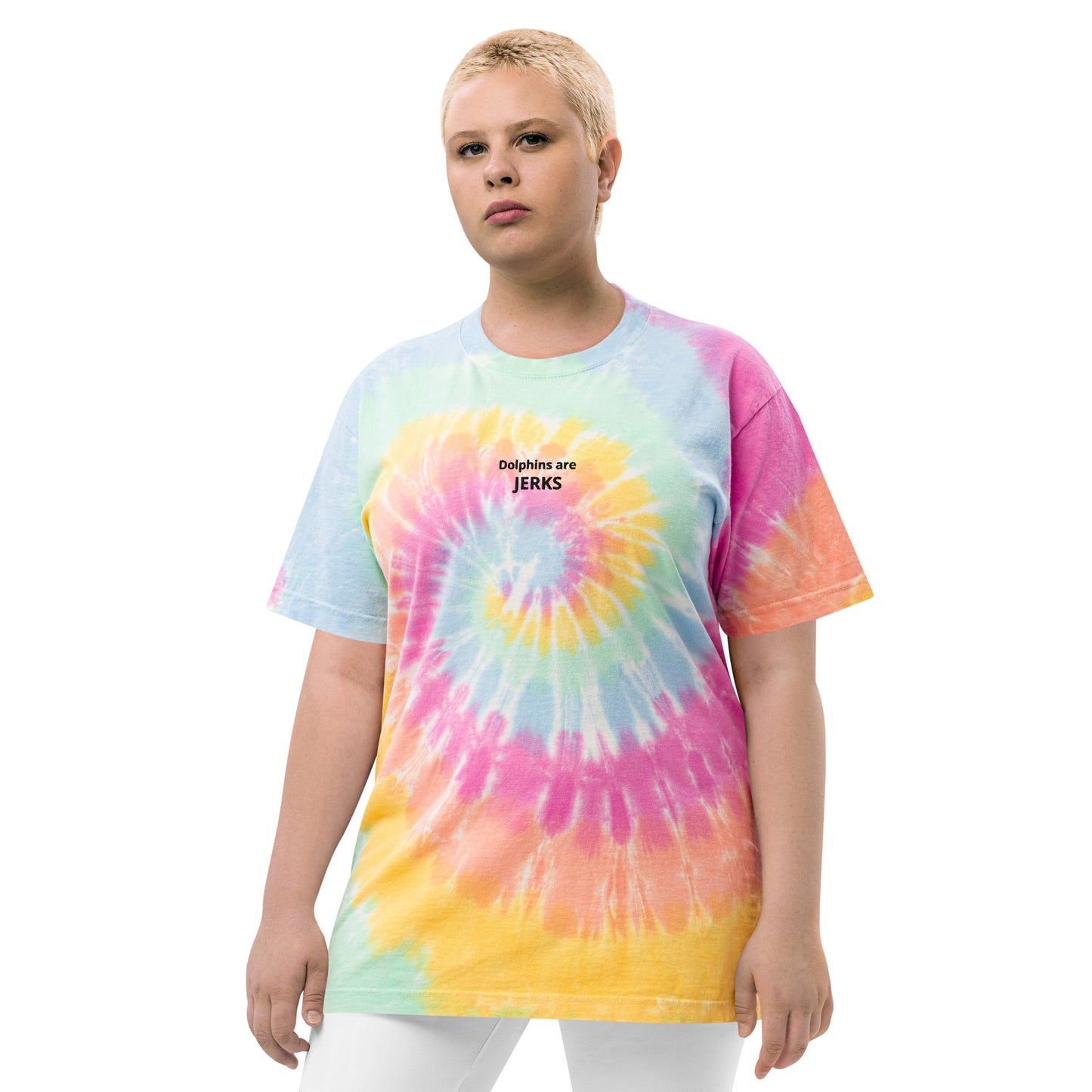 Dolphins are jerks- Black Thread Embroidered Oversized Tie-Dye Shirt