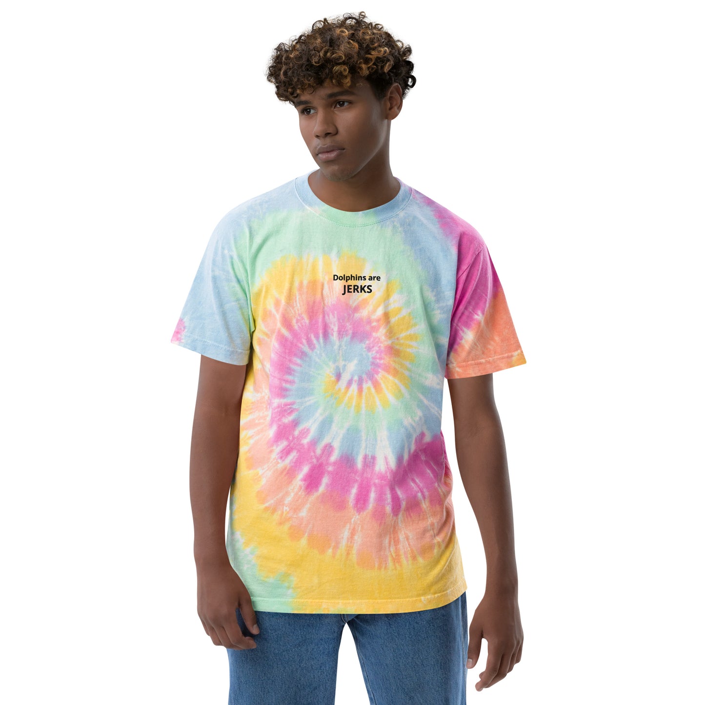 Dolphins are jerks- Black Thread Embroidered Oversized Tie-Dye Shirt