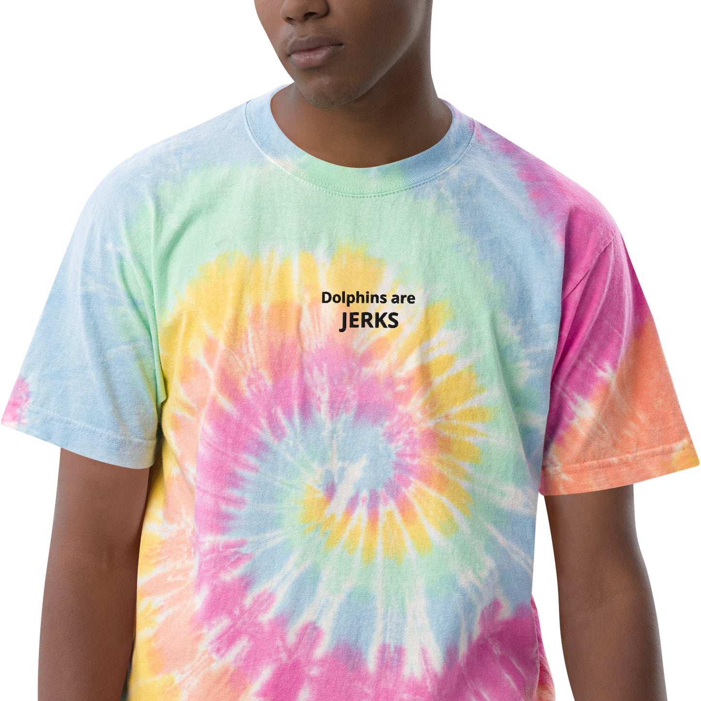 Dolphins are jerks- Black Thread Embroidered Oversized Tie-Dye Shirt