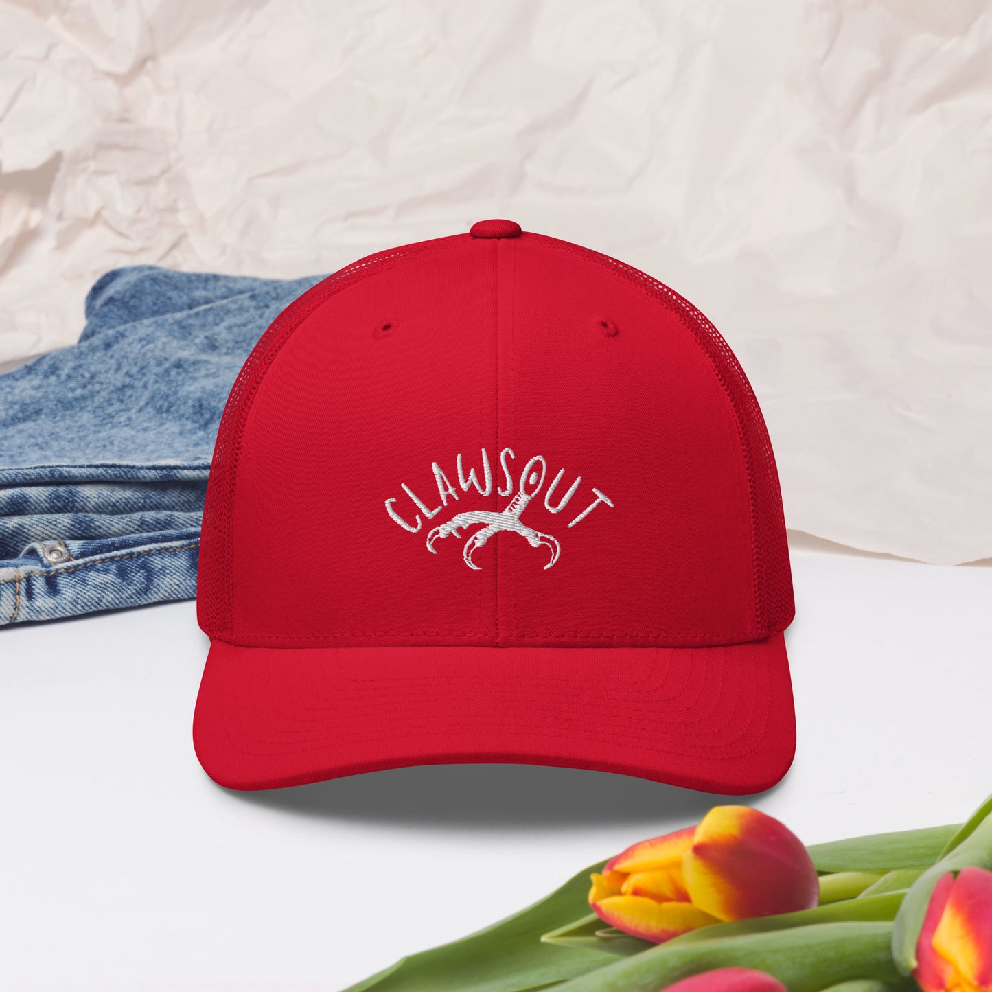 CLAWSOUT Brand Trucker Cap, white embroidery