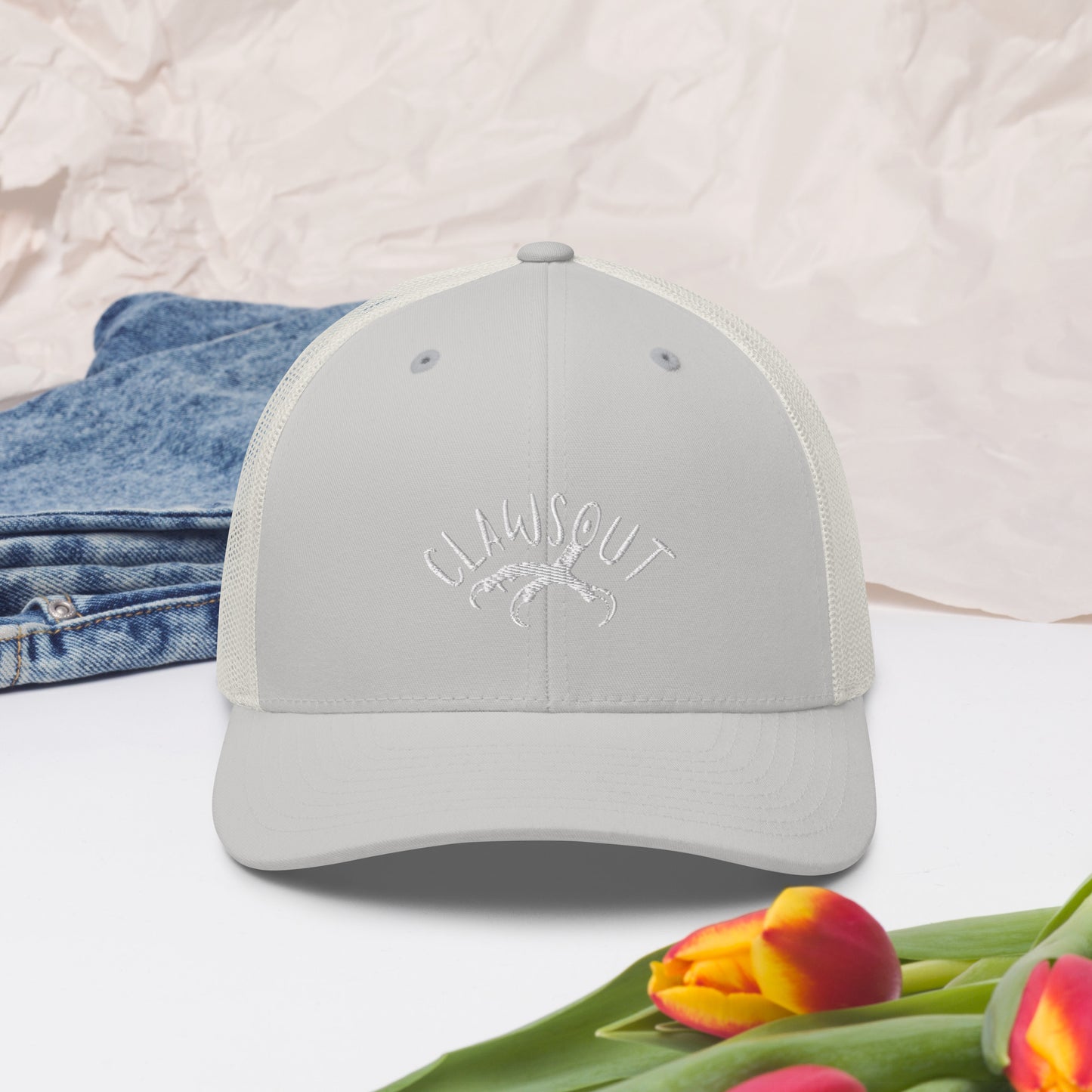 CLAWSOUT Brand Trucker Cap, white embroidery