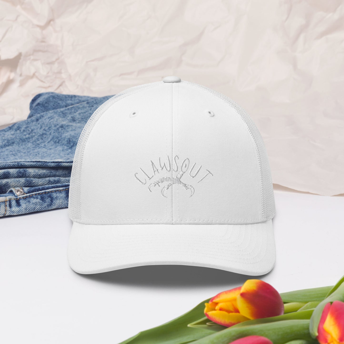 CLAWSOUT Brand Trucker Cap, white embroidery