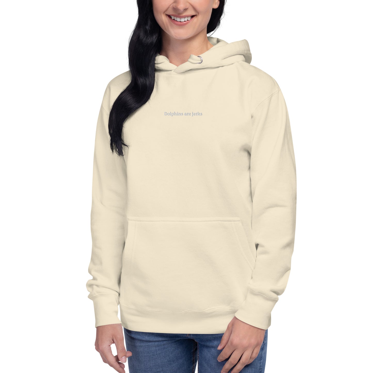 Dolphins are jerks unisex hoodie- white embroidery