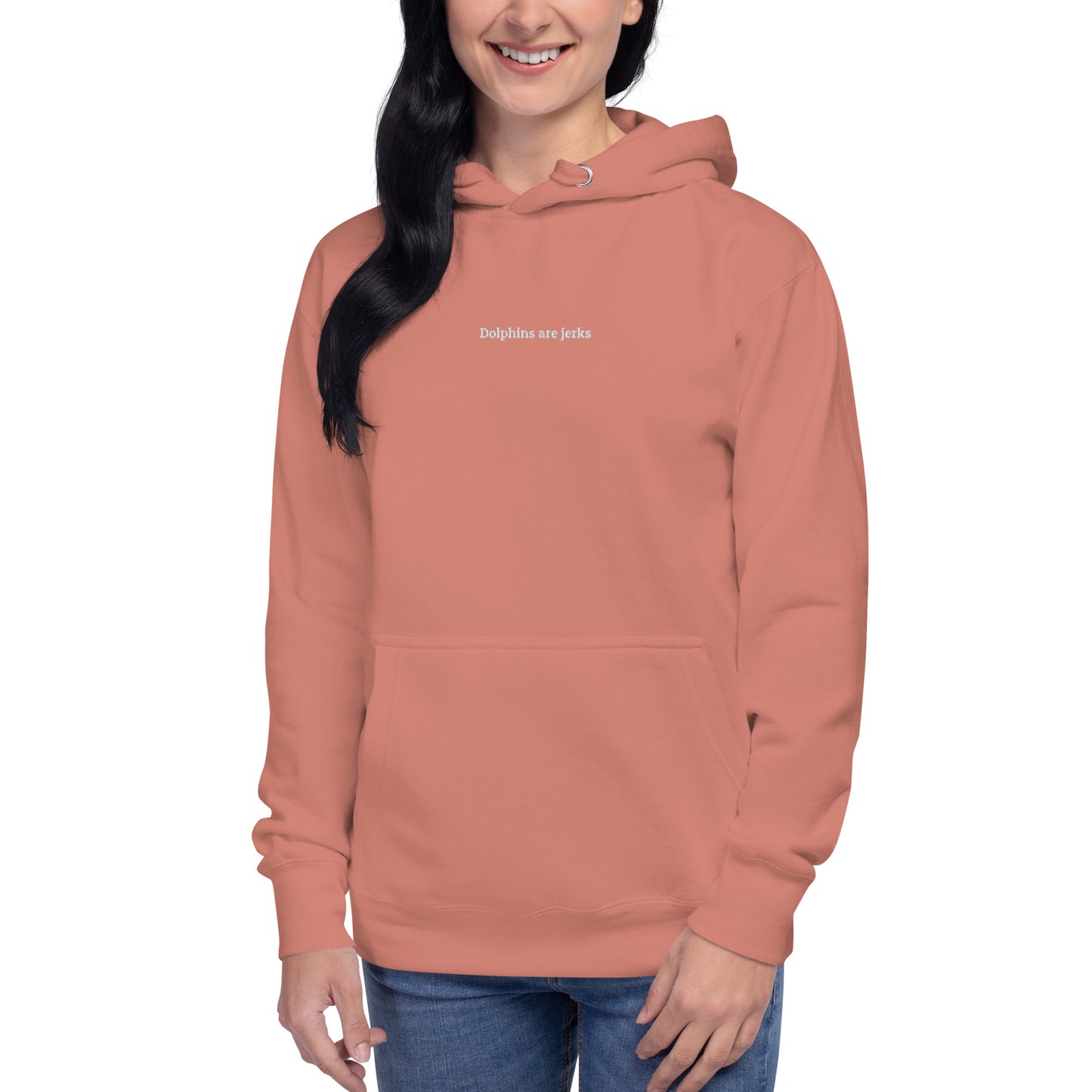 Dolphins are jerks unisex hoodie- white embroidery